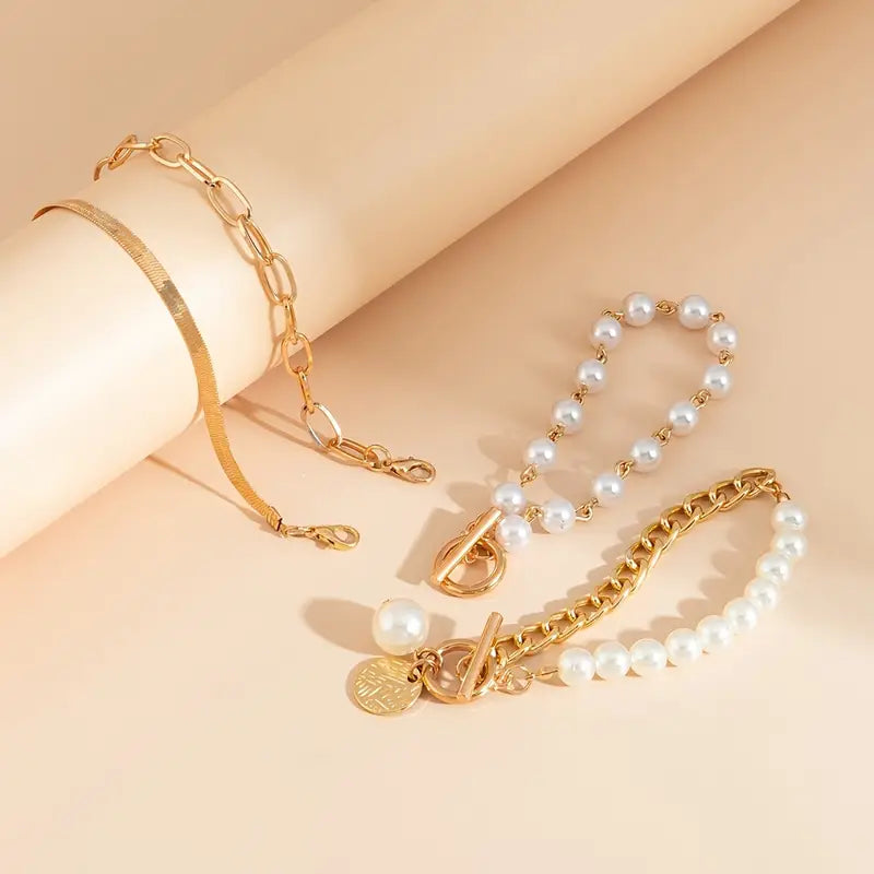 Chic Gold 4-Piece Armband-Set - Snake, Perlen & Links | Gold