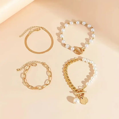 Chic Gold 4-Piece Armband-Set - Snake, Perlen & Links | Gold